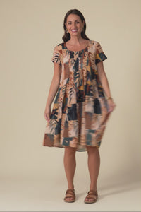 Hanoi Tan Mosaic Cotton Blend Dress