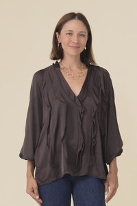 Trove Chocolate Silk Ruffle Top