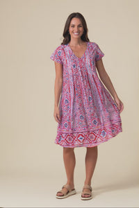 Sabina Red Abstract Crinkle Cotton Dress