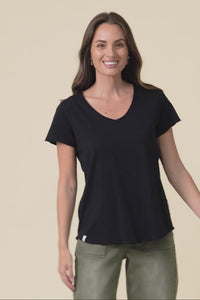 Maggie Black Cotton Vee Tee