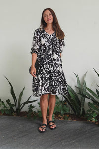 Esta Black Tropical Sleeved Dress