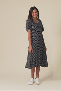 Donna Black Stripe Gathered Dress