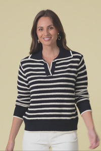 Aberdeen Navy Stripe Cotton Knit Jumper,Brunette model,alt text|model:Pilita