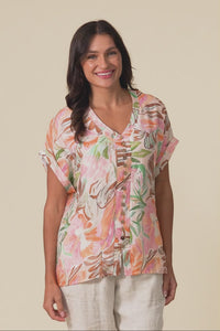 Miray Pink Tropical Button Top