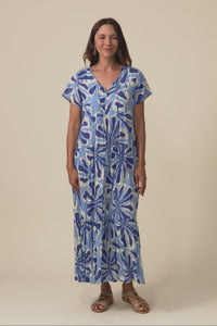 Nona Blue Daisy Crinkle Cotton Maxi Dress