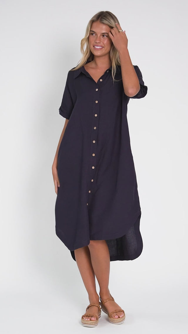 Briony Navy Linen Cotton Shirt Dress thumbnail 3