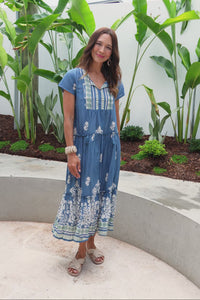 Nona Steel Abstract Crinkle Cotton Maxi Dress