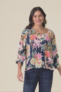 Lourdes Navy Floral Frill Sleeve Top