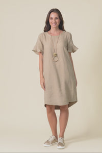 Lesley Taupe Linen Flutter Sleeve Dress,Video