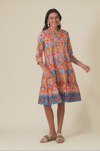 Larissa Orange Motif Cotton Pleated Dress