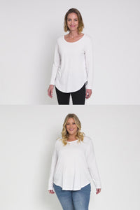 Megan White Cotton Long Sleeve Top,Brunette model,alt text|model:MJ