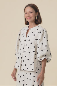 Teya Beige Spot Linen Puff Sleeve Blouse