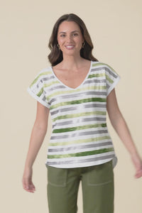 Adli Green Stripe Cotton Sequin Tee,video