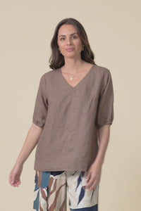 Anna Mocha Linen V Neck Top,video