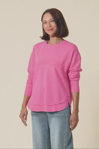 Simplified Pink Cotton Crewneck Sweatshirt,Brunette model,alt text|model:Pilita