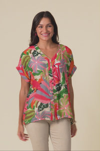 Miray Pink Hibiscus Button Top