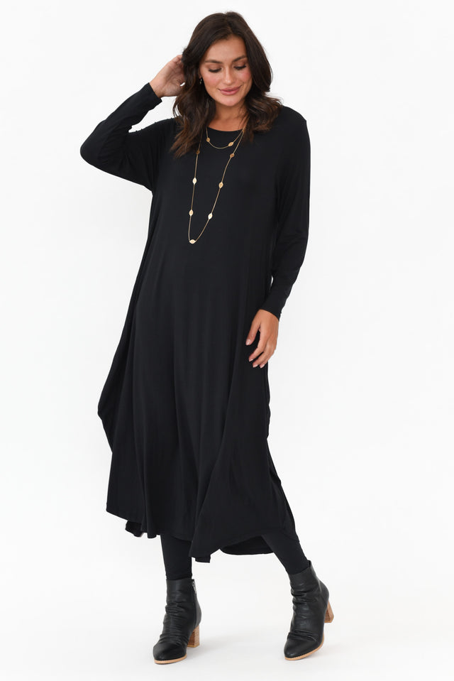 Black Long Sleeved Micro Modal Drape Dress image 6