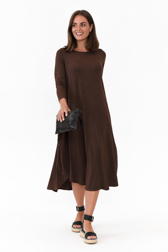 Chocolate Marle Long Sleeved Micro Modal Drape Dress   alt text|model:MJ;wearing:AU 10 / US 6