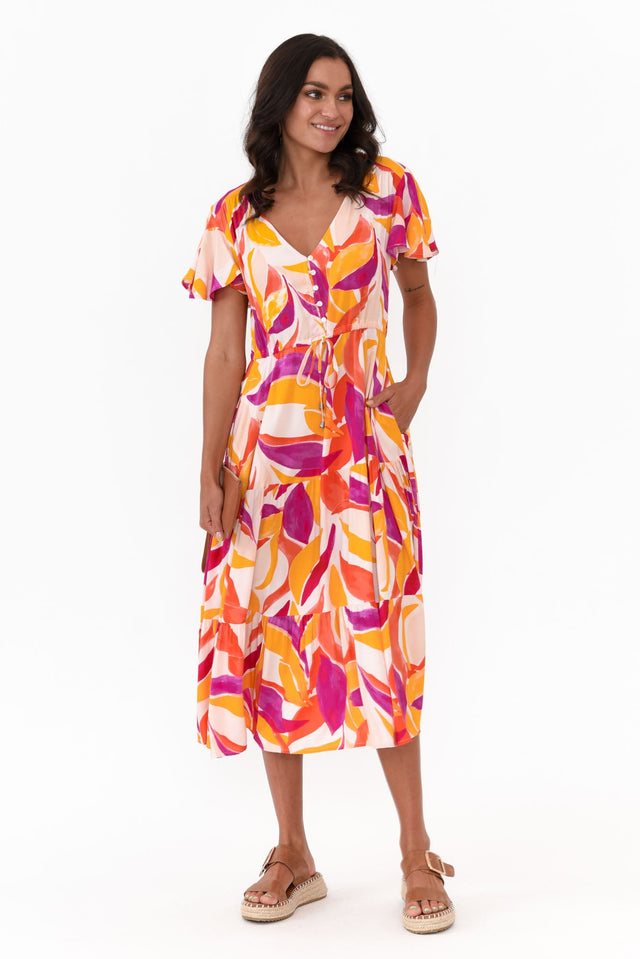 Dahlia Orange Abstract V Neck Dress