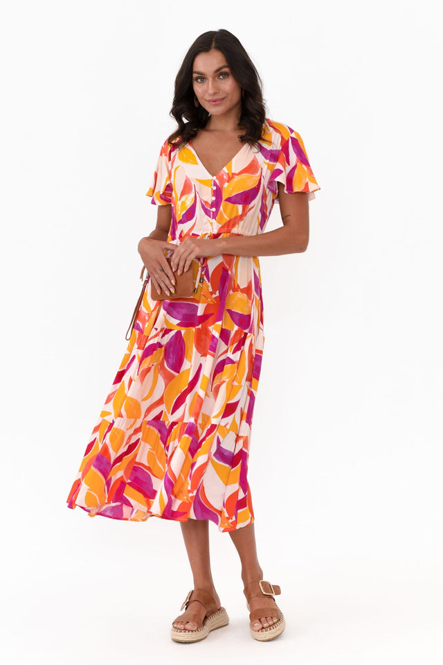 Dahlia Orange Abstract V Neck Dress   alt text|model:Brontie;wearing:S