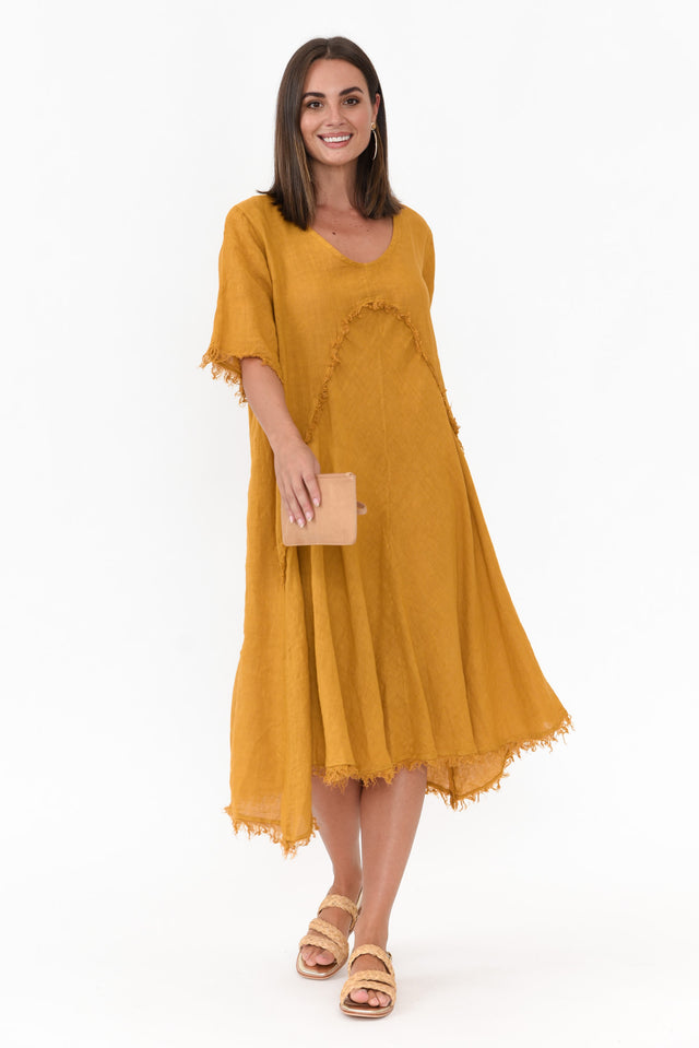 Desmond Mustard Linen Frayed Dress image 6