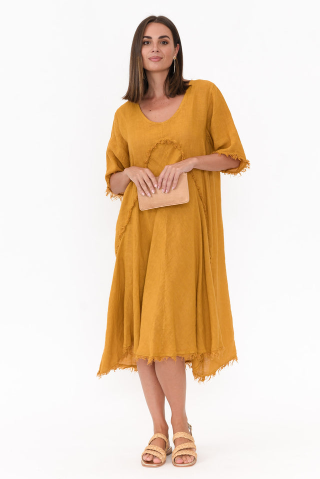 Desmond Mustard Linen Frayed Dress   alt text|model:MJ;wearing:S/M