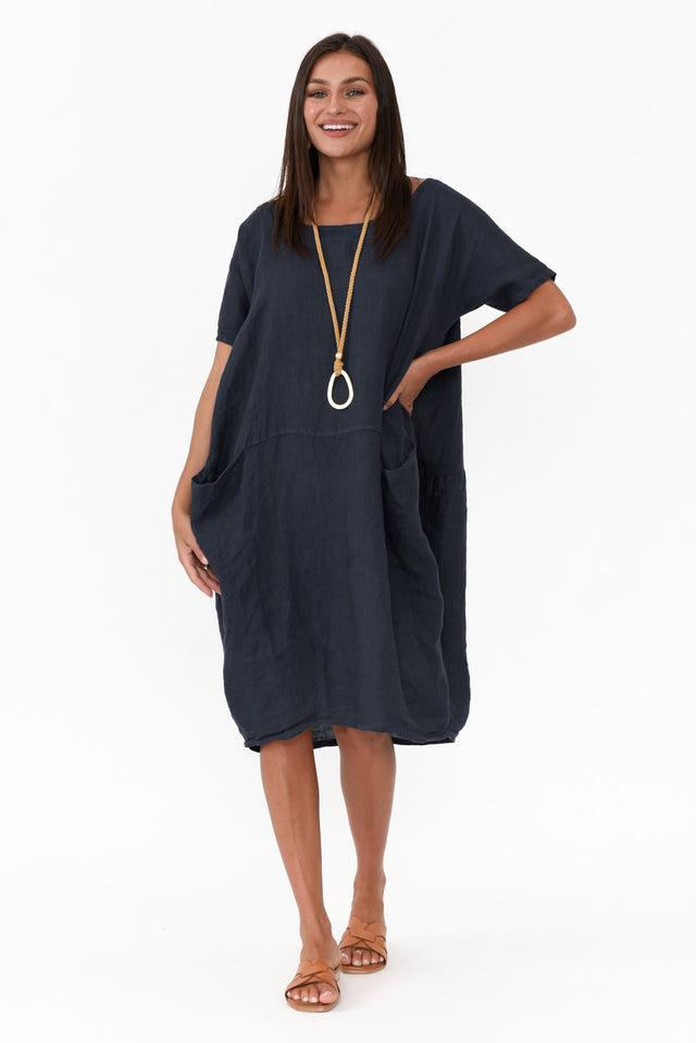 Ella Navy Linen Dress   alt text|model:Brontie;wearing:S image 1