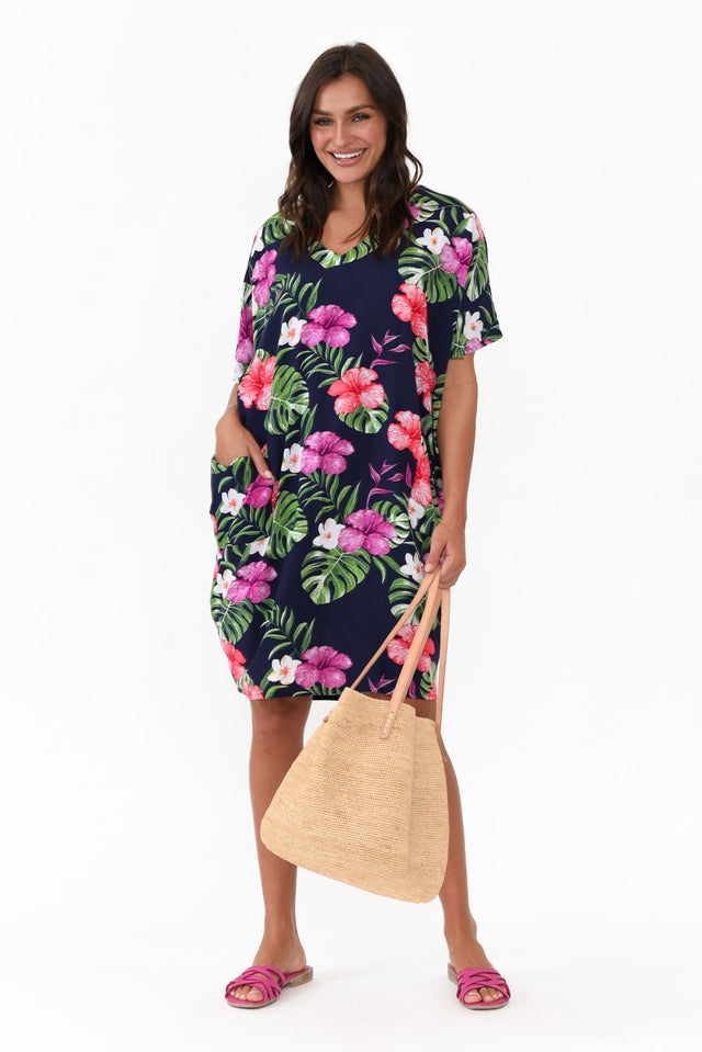 Gaby Navy Tropical Drape Tee Dress