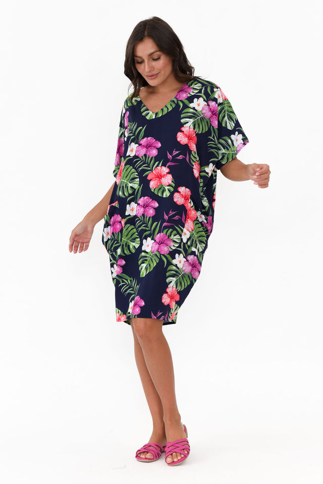 Gaby Navy Tropical Drape Tee Dress