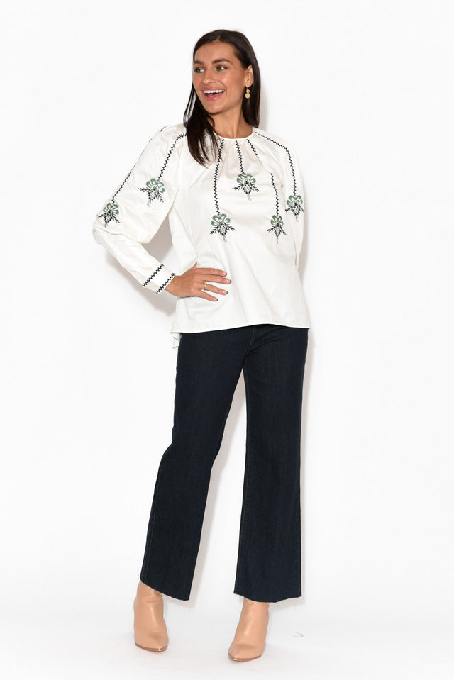 Grove White Embroidered Bishop Sleeve Top