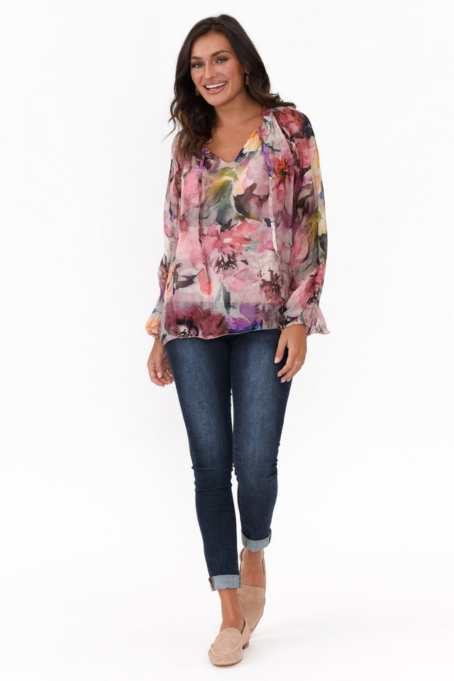James Pink Blossom Front Tie Silk Top