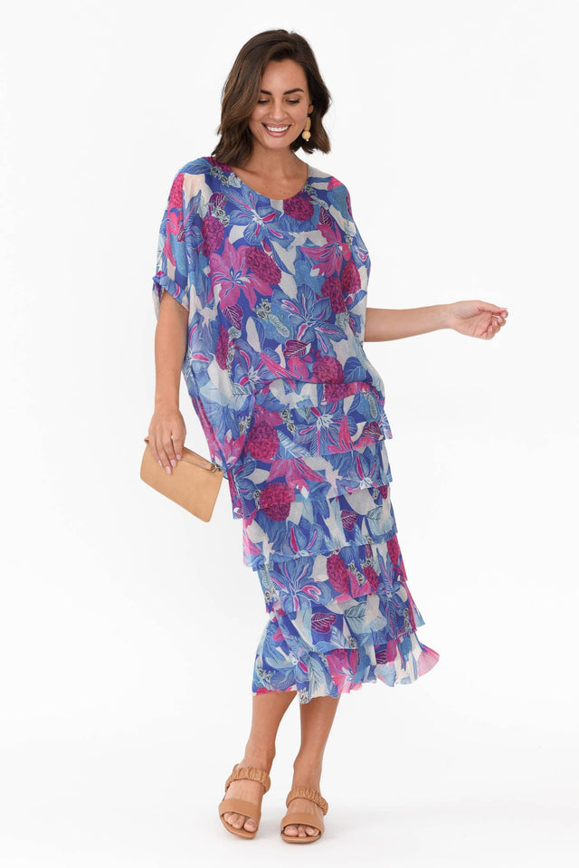 Katerina Blue Tropical Silk Overlay Maxi Dress