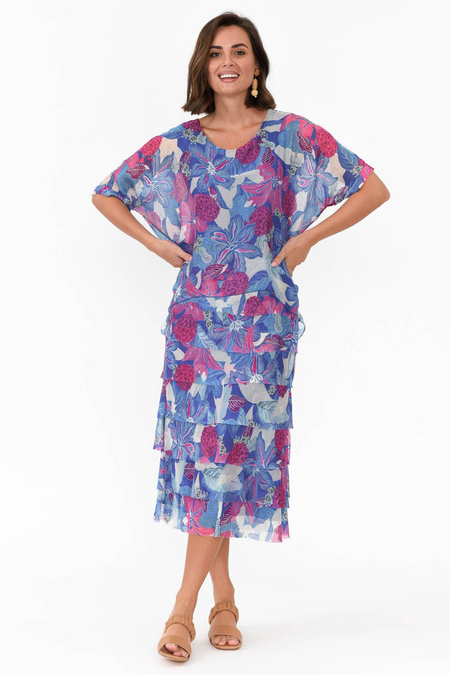 Katerina Blue Tropical Silk Overlay Maxi Dress