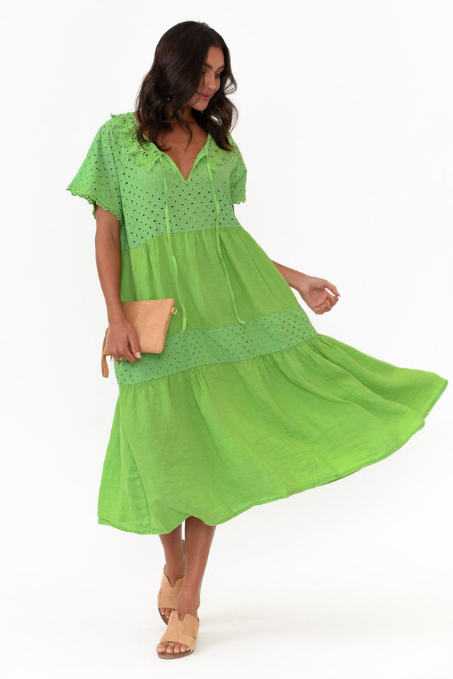 Larsa Green Linen Embroidered Collared Dress   alt text|model:Brontie;wearing:S/M