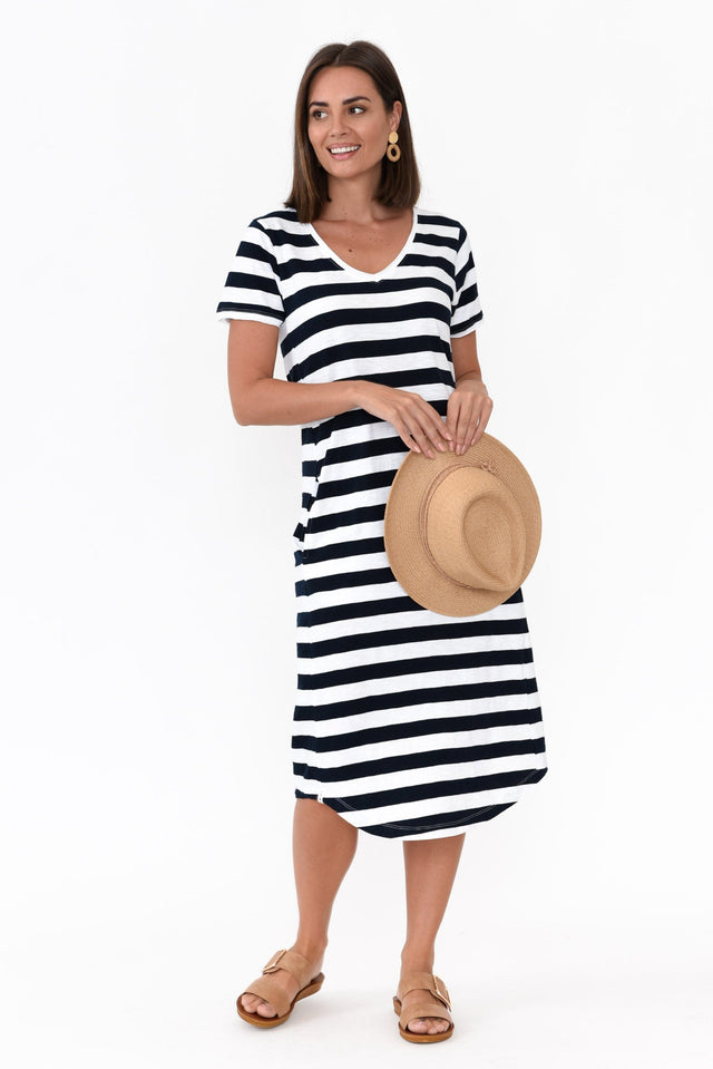 Maeve Navy Stripe Cotton Midi Dress  alt text|model:MJ;wearing:8