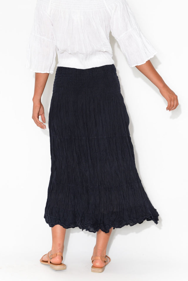 Navy Crinkle Cotton Midi Skirt