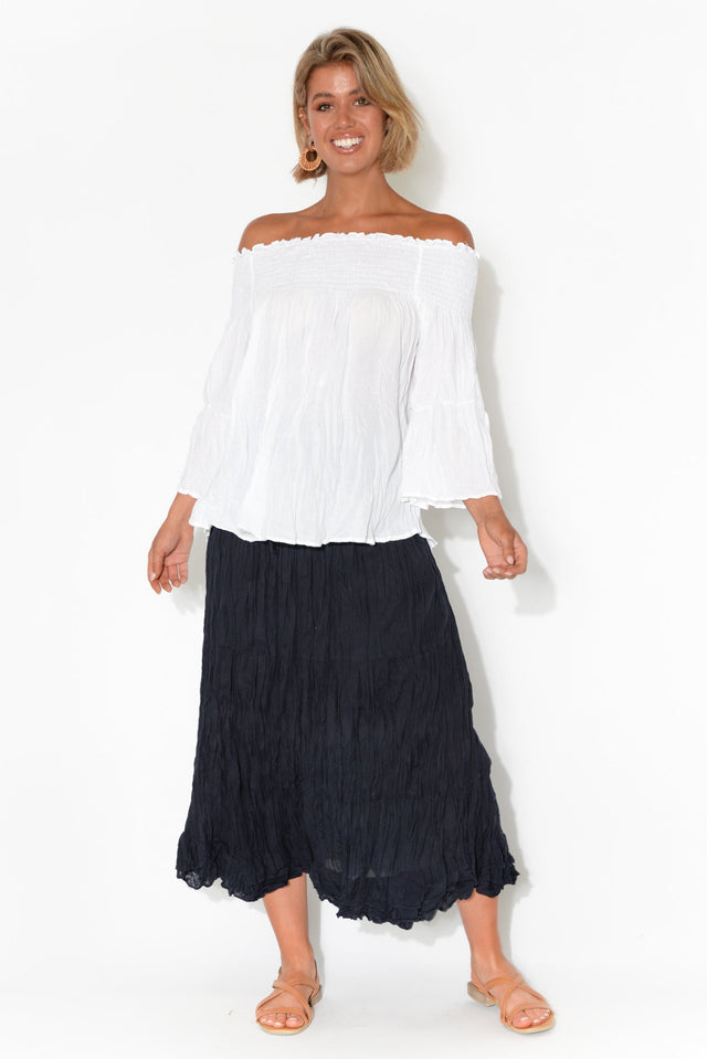 Navy Crinkle Cotton Midi Skirt