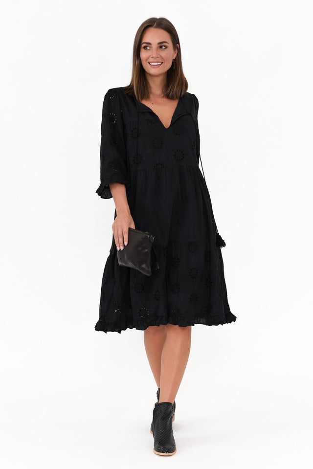 Valentina Black Cotton Embroidered Dress   alt text|model:Brontie;wearing:S/M